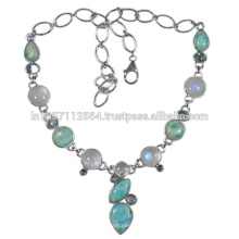 Schöner Regenbogen Mondstein Larimar &amp; blauer Topas Edelstein mit 925 Sterling Silber Halskette zum besten Preis